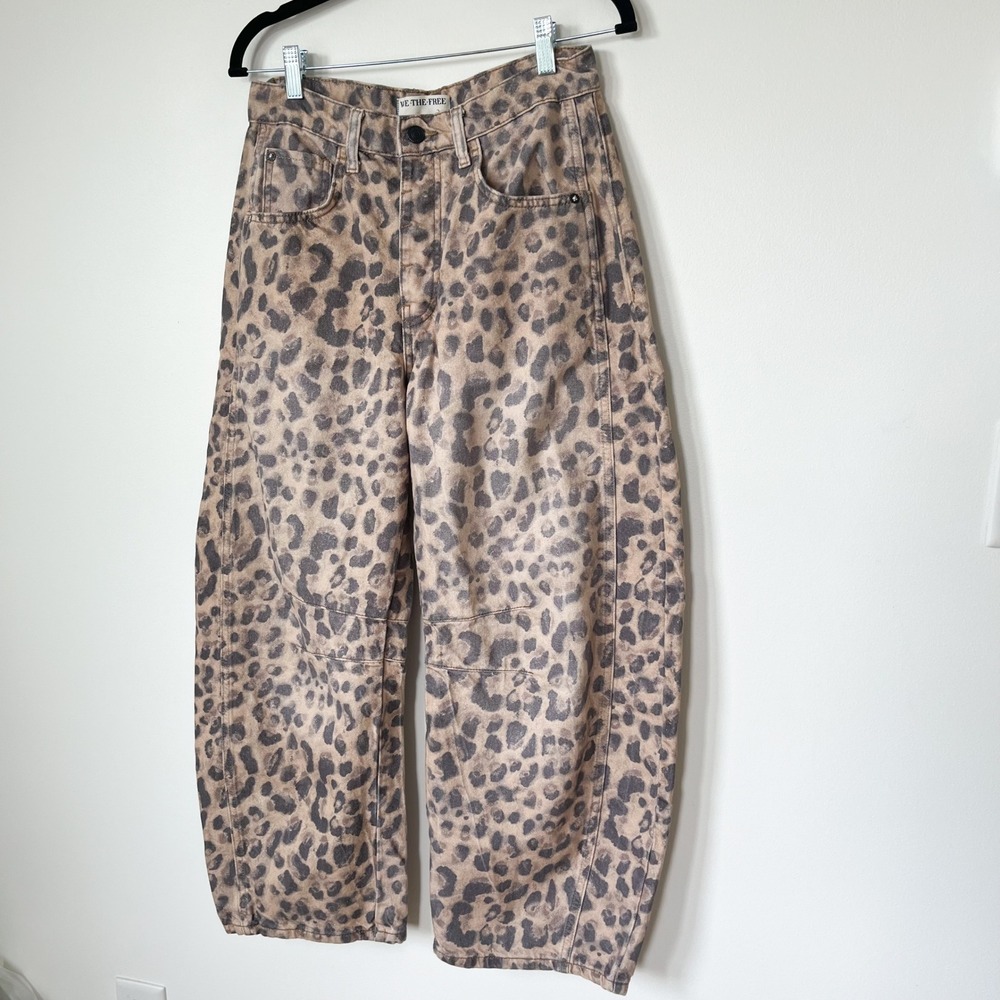 Free People We The Free Good Luck Printed Barrel Jeans Brown Sugar 27 Leopard - Picture 5 of 16